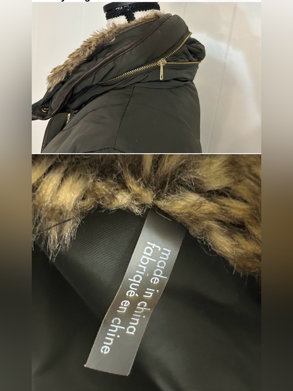 Cole Haan Signature Olive Green Down Puffer Hooded Jacket with Faux-Fur Medium - Picture 9 of 15